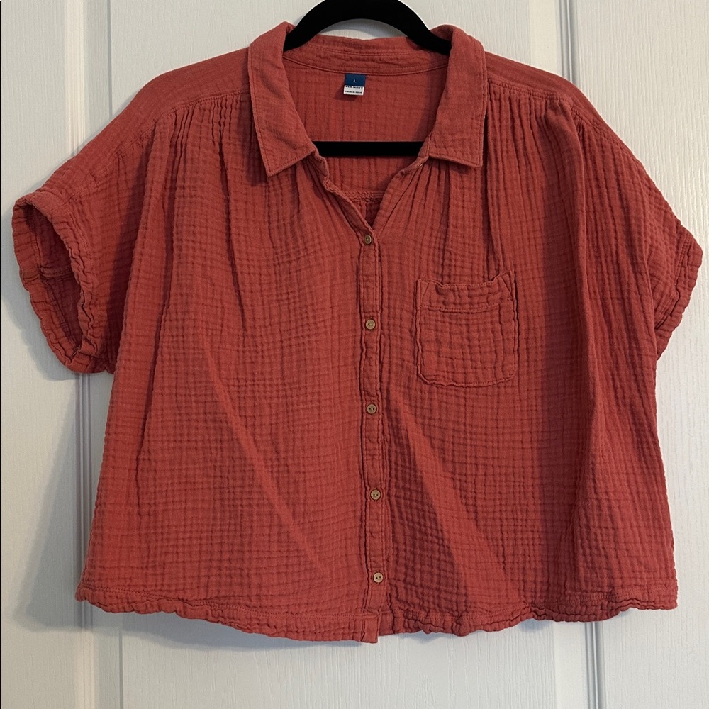 Old Navy Shirt Womens L Terra Cotta Short Sleeve Button Down 100% Cotton Linen